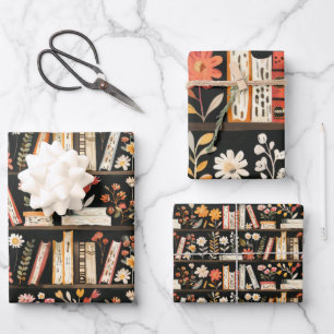 Boeken en bloemen cadeau Label Inpakpapier Vel