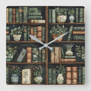 Boeken en bloemen wandklok vierkante klok