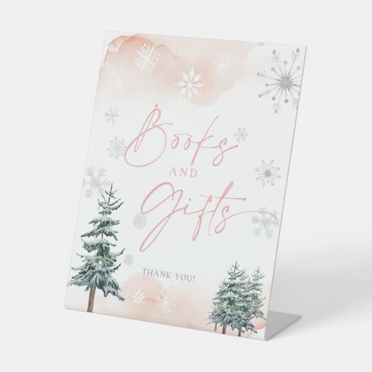 Boeken en cadeaubord, winterwonderland reclamebord met voetstuk (Voorkant)