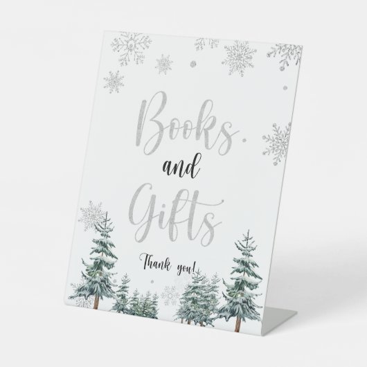 Boeken en cadeaubord, winterzilverglitter reclamebord met voetstuk (Voorkant)