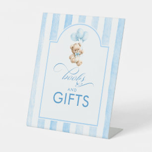 Boeken en cadeaus teddybeer blauwe baby shower reclamebord met voetstuk