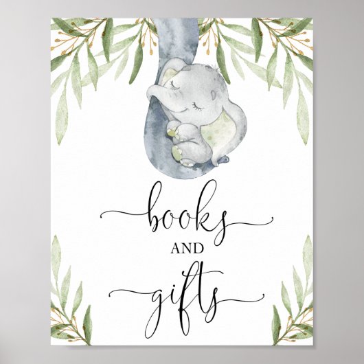 Boeken en geschenken groen olifant baby shower tek poster (Voorkant)