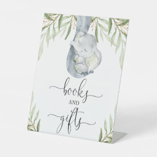 Boeken en geschenken groen olifant baby shower tek reclamebord met voetstuk