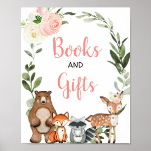 Boeken en giften baby shower met grijze roze bosgr poster