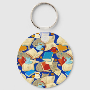 Boeken en katten op blauw sleutelhanger