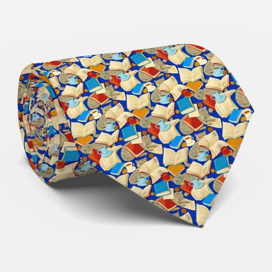 Boeken en katten op blauw stropdas (Opgerold)