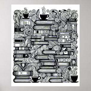 Boeken en koffie kleur me doedel poster