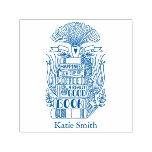 Boeken en koffie met persoonlijke titel  zelfinktende stempel