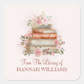 Boeken en Roze Rozen Bookplate Vierkante Sticker (Voorkant)