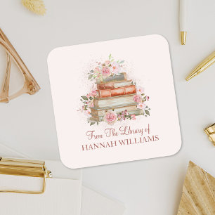 Boeken en vintage roze rozen ex-libris vierkante sticker