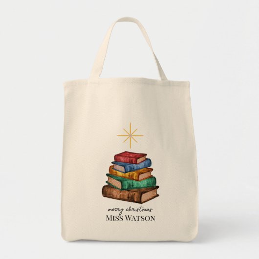 Boeken Kerstboom Leraar Gepersonaliseerde Canvas t Tote Bag (Voorkant)