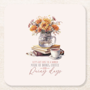 Boeken, koffie en regenachtige dagen vierkante kartonnen onderzetter