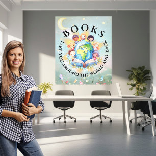 Boeken nemen je mee rond modern en schattig canvas afdruk