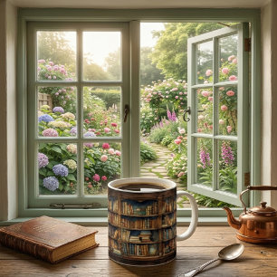  boeken op bibliotheekplank koffiemok