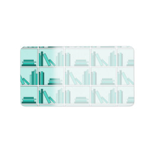 Boeken op Shelf. Ontwerp in Blauwgroen en Aqua. Etiket