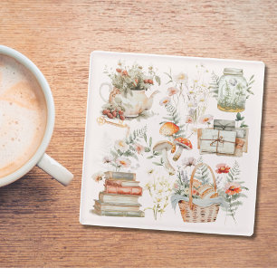 Boeken Paddenstoel Bloemen Whimsical Cottagecore A Glazen Onderzetter