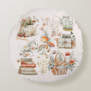 Boeken Paddenstoel Bloemige Whimsical Cottagecore Rond Kussen