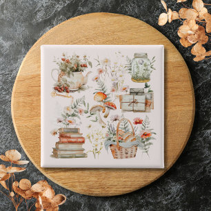 Boeken Paddenstoel Bloemige Whimsical Cottagecore  Vierkante Button 5,1 Cm