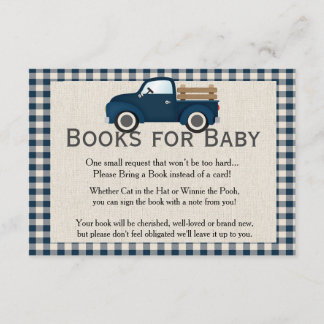 Boekenkaart voor Baby met Landelijke Blauwe Vracht Informatiekaartje