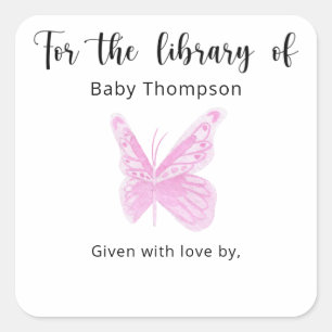 Boekenlegger voor baby shower met vlinder, boeken  vierkante sticker
