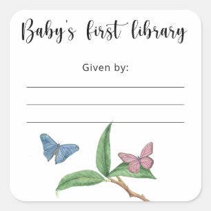 Boekenlegger voor baby shower met vlinder, boeken  vierkante sticker