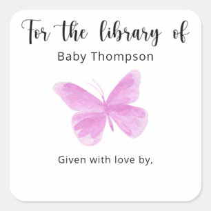 Boekenlegger voor baby shower met vlinder, boeken  vierkante sticker