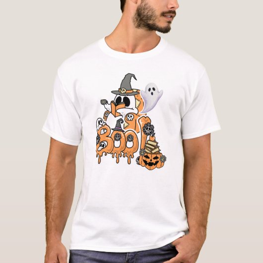 Boekenliefhebber Ghost Reading "Boo" Spooky Hallow T-shirt (Voorkant)