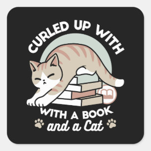 Boekenliefhebber Kattenillustratie - Opgerold & Ge Vierkante Sticker