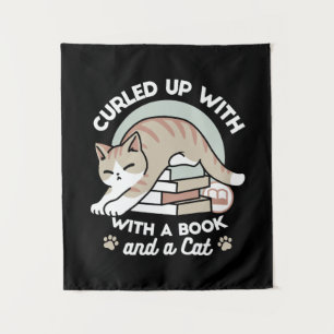 Boekenliefhebber Kattenillustratie - Opgerold & Ge Wandkleed
