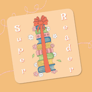 Boekenstapel met Red Bow Super Reader-Stickers Vierkante Sticker