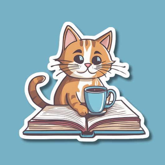 Boekenwurm Kat met Koffie Waterdicht Sticker