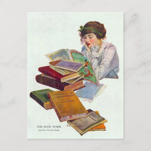  Boekenwurm met Mode Magazine Briefkaart