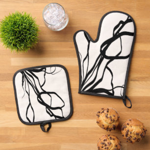 Boeket Blanc: Abstract Wit & Zwart Ovenwant & Pannenlap Set