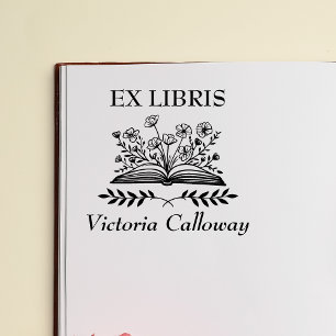 Boeket Bloemen Open Boek Ex Libris Boekplaat Rubberstempel