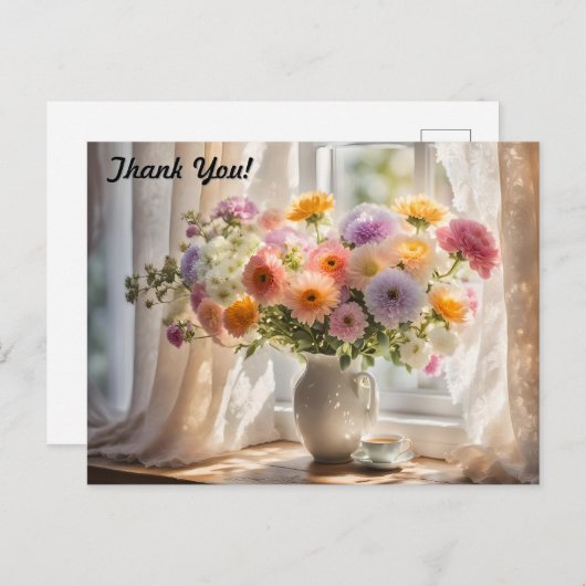 Boeket en Theekop Ochtend Briefkaart (Voorkant / Achterkant)