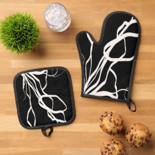 Boeket Noir: Abstract Zwart & Wit Ovenwant & Pannenlap Set