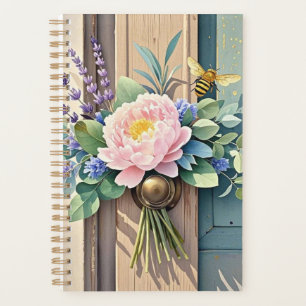 Boeket pioenen lavendel bloemen rustiek planner