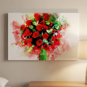 Boeket Rode Rozen Aquarel op Witte Achtergrond Canvas Afdruk