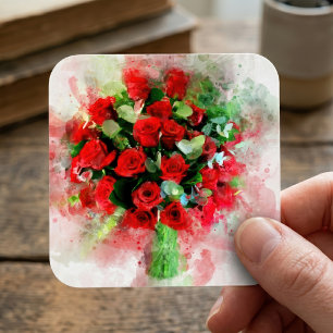 Boeket Rode Rozen Aquarel op Witte Achtergrond Vierkante Sticker
