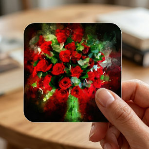 Boeket Rode Rozen Aquarel op Zwarte Achtergrond Vierkante Sticker