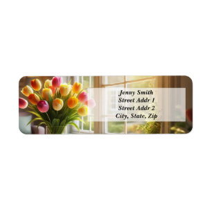 Boeket tulpen bij het raam etiket
