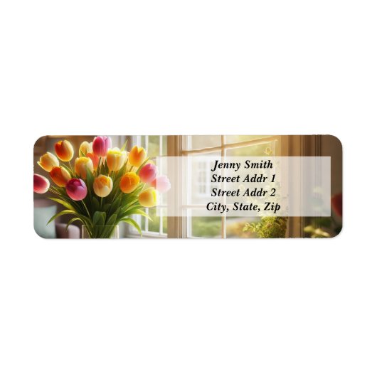 Boeket tulpen bij het raam etiket (Voorkant)