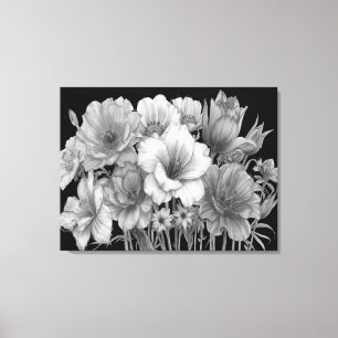 Boeket van bloeiende bloemen in Z+W aan een muur Canvas Afdruk
