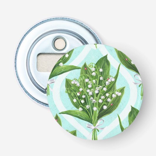 Boeket van lelie van de vallei bloemen op blauw button flesopener (Voorkant)