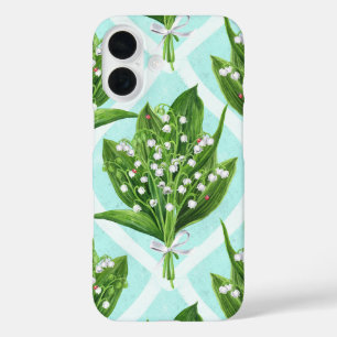Boeket van lelie van de vallei bloemen op blauw iPhone 16 hoesje