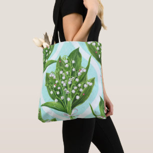 Boeket van lelie van de vallei bloemen op blauw draagtas