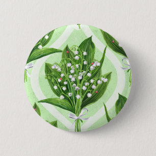 Boeket van lelie van de vallei bloemen op groen ronde button 5,7 cm