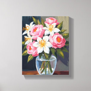 Boeket van lelies en rozen Bloemenschildering in Canvas Afdruk