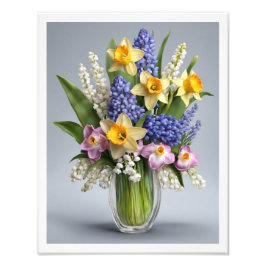 Boeket van Spring Daffodils Hyacinths Glazen Vaas Foto Afdruk