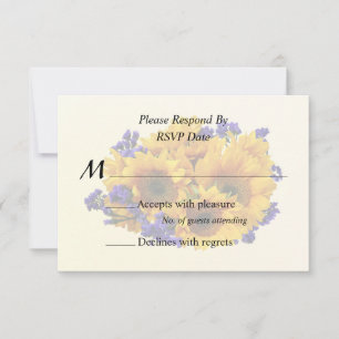 Boeket van zonnebloemen en paarse statice RSVP kaartje